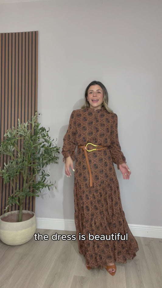 Adina Las Vegas Brown Printed Long-Sleeve Maxi Dress - 33237