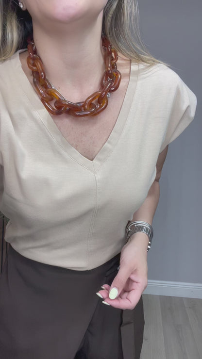 V-Neck Cap Sleeve Top – Beige - 33365