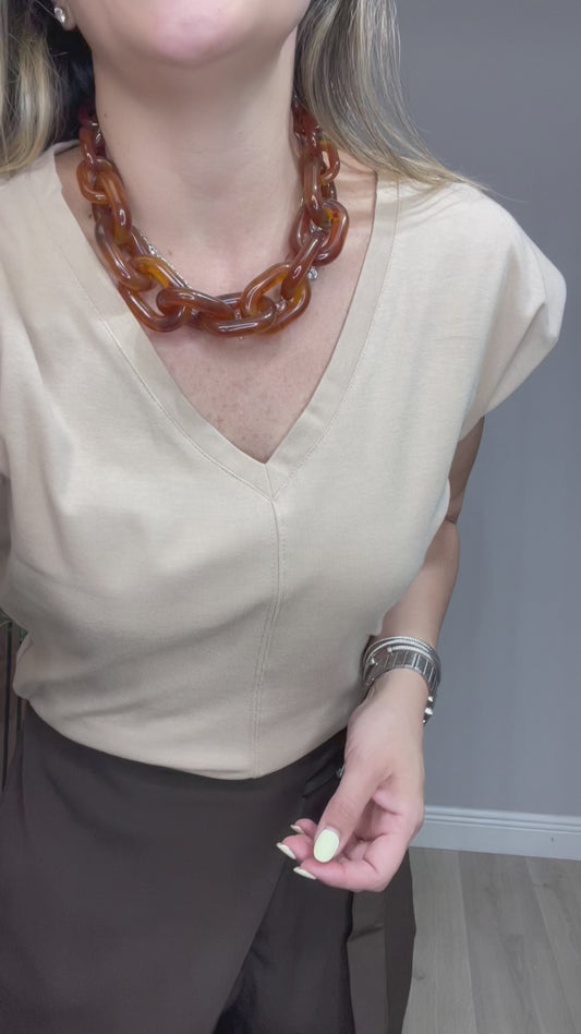 V-Neck Cap Sleeve Top – Beige - 33365