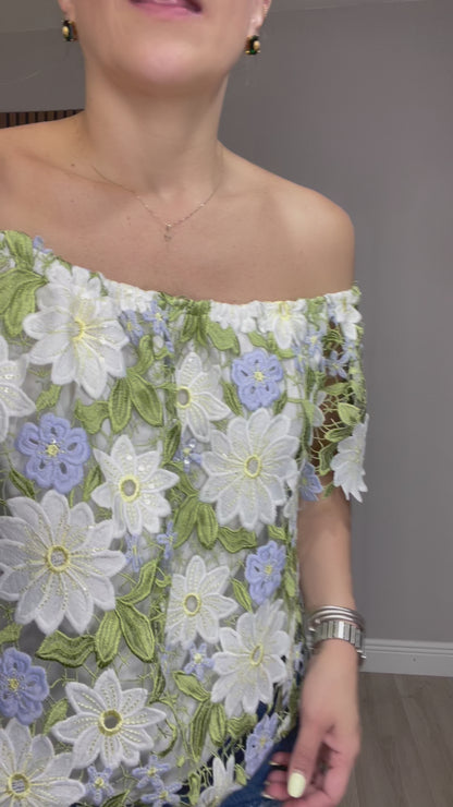 Floral Embroidered Off-Shoulder Lace Blouse - 33522