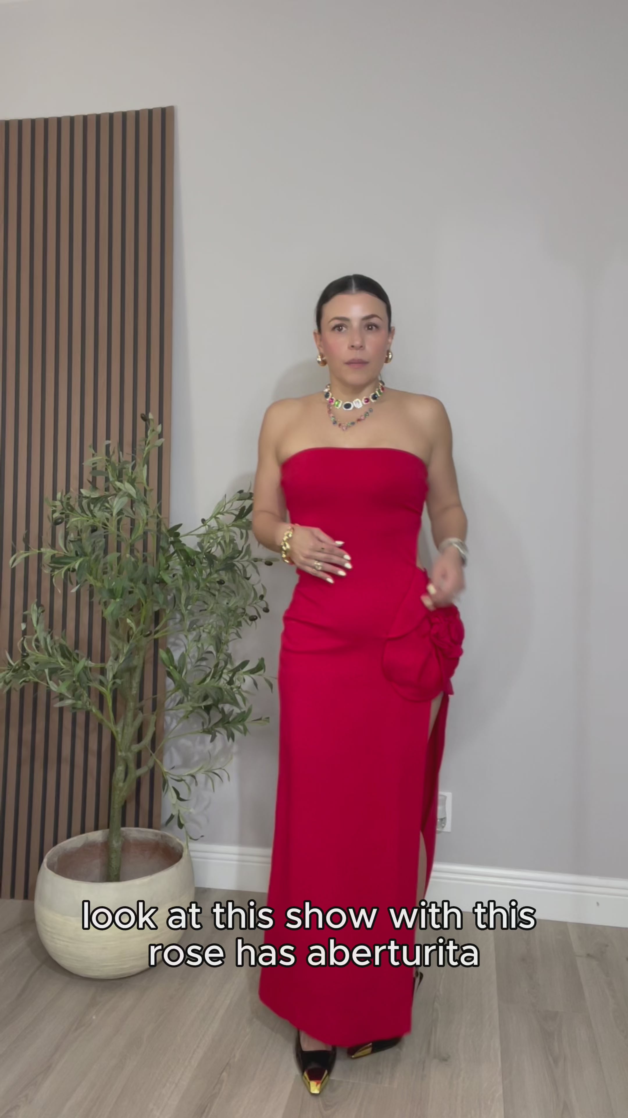 Strapless Red Evening Dress with Rosette Detail - 33038