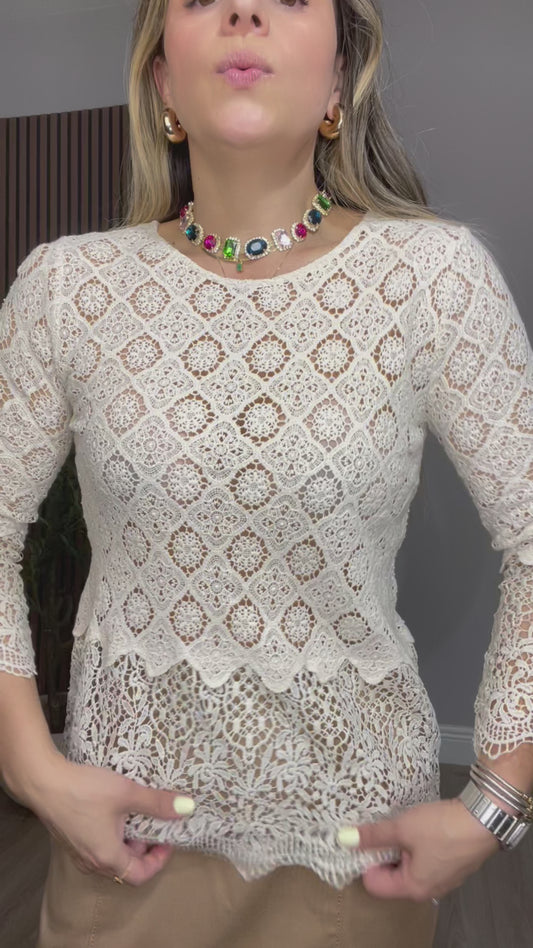 Beige Lace Blouse with 3/4 Sleeves