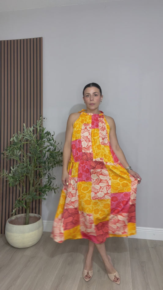 Colorful Patchwork Halter Midi Dress - 33243