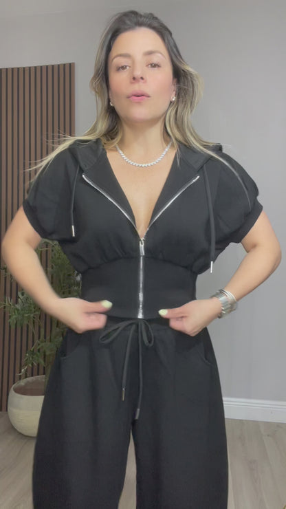 Zip-Up Hoodie Two-Piece Set – Black & Gray - 33440 - 33447