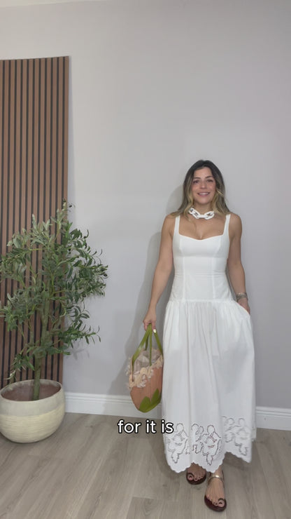 White Midi Dress with Embroidered Hem - 32472