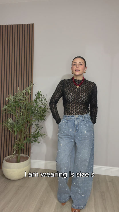 Black Sheer Lace Long Sleeve Top - 32175