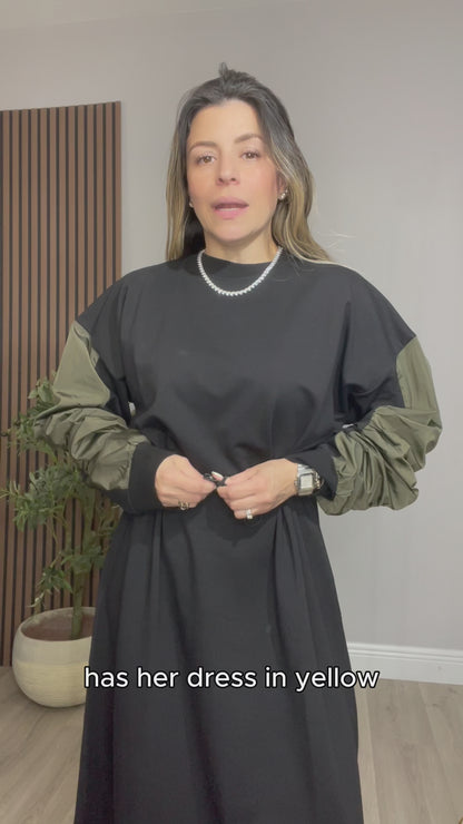 Contrast Sleeve Midi Dress – Black & Olive - 33352