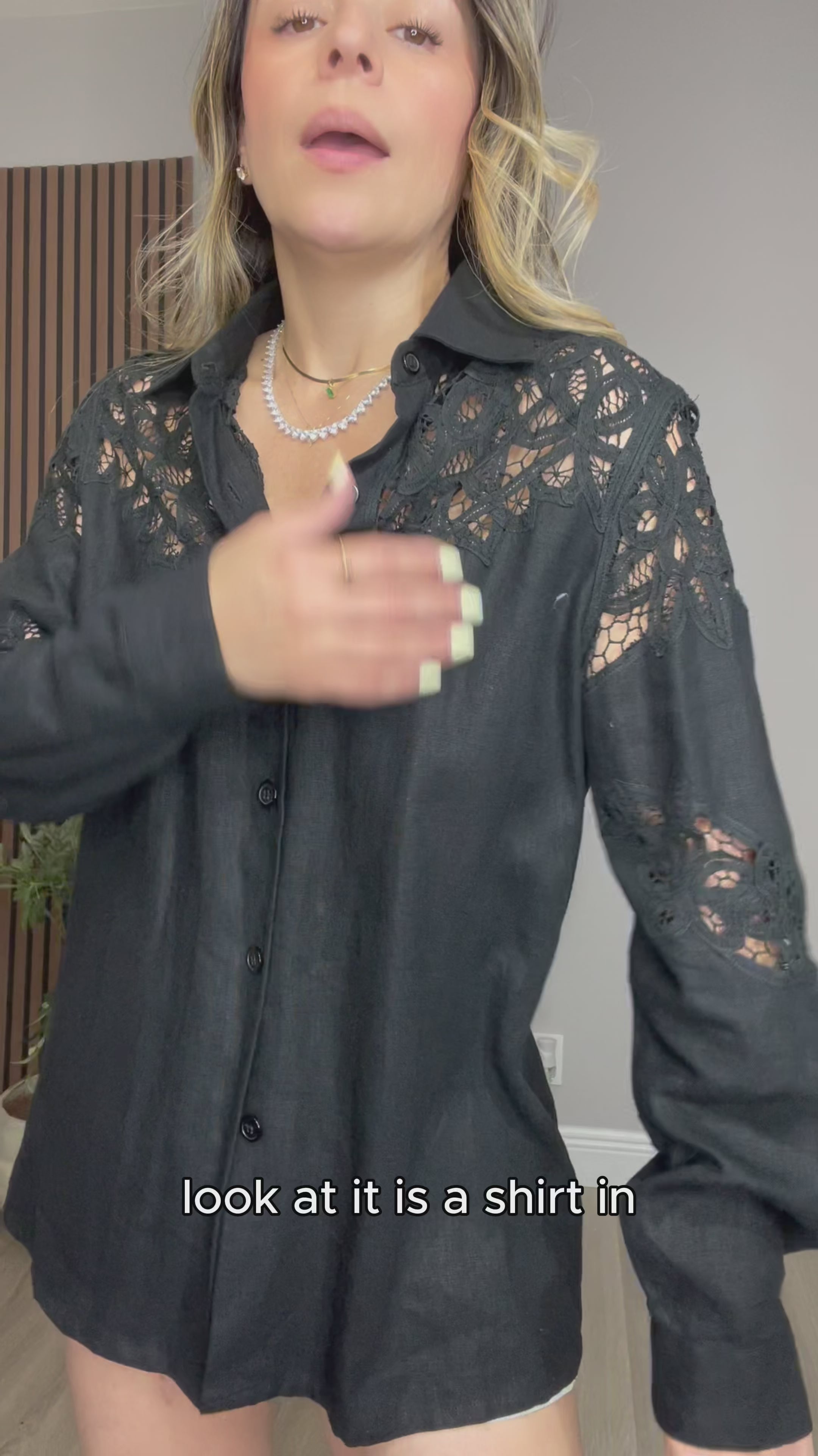 Black Lace Detail Button-Down Shirt -  33289