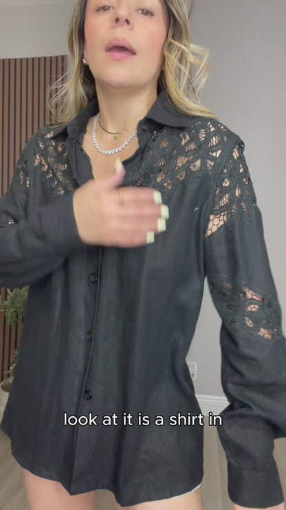 Black Lace Detail Button-Down Shirt -  33289