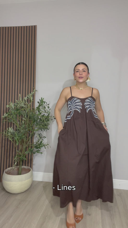 Embroidered Flowy Brown Midi Dress - 33108