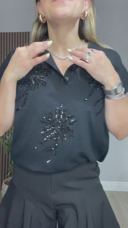 Sequin Palm Embellished Knit Polo Top - 33669