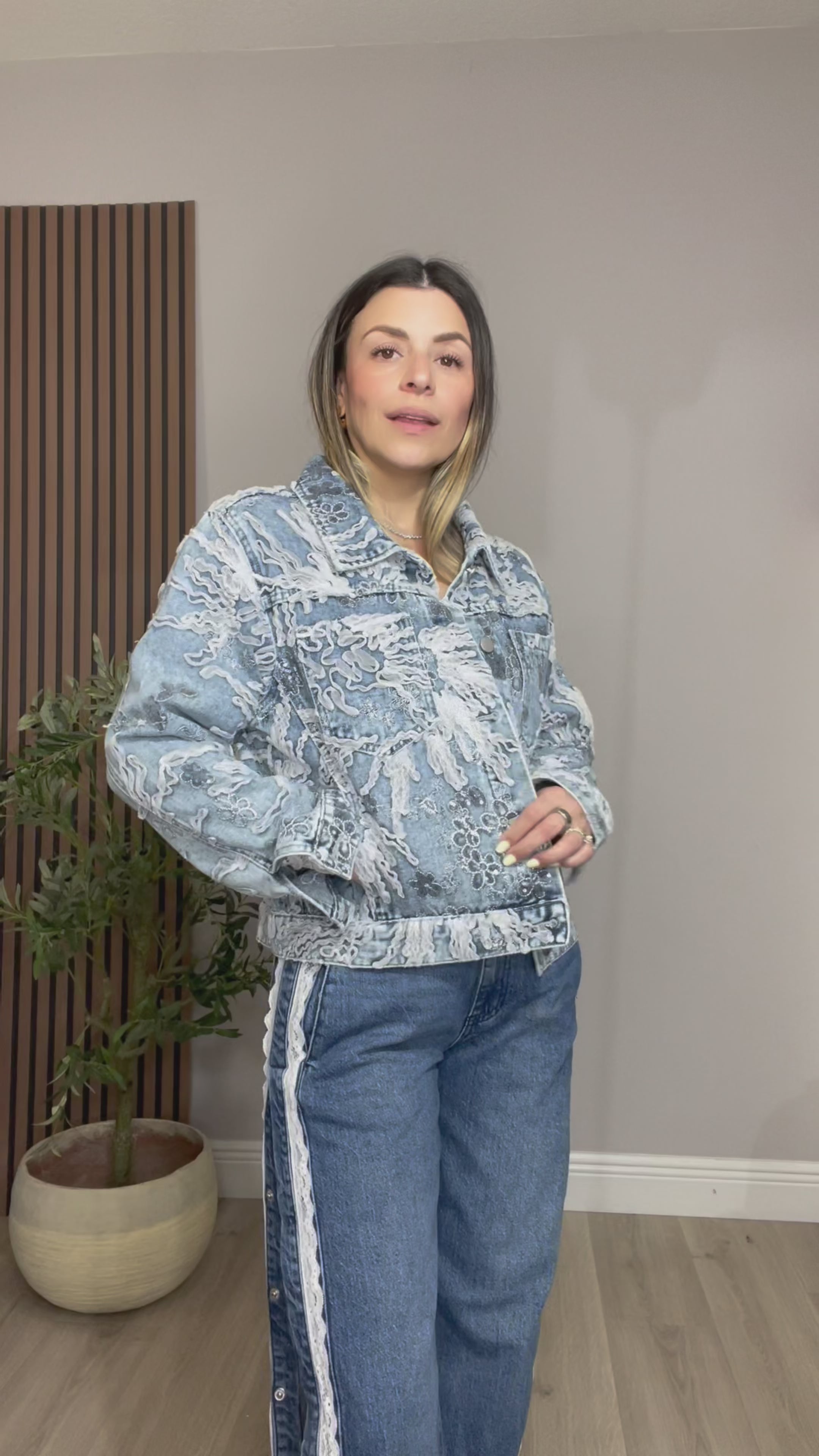 Denim Jacket with Lace Overlay Detail - 33666