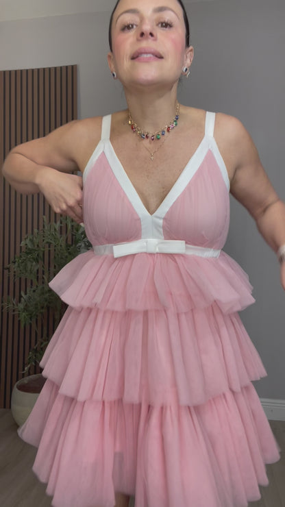 Blush Pink Tiered Tulle Mini Dress with White Trim - 33371