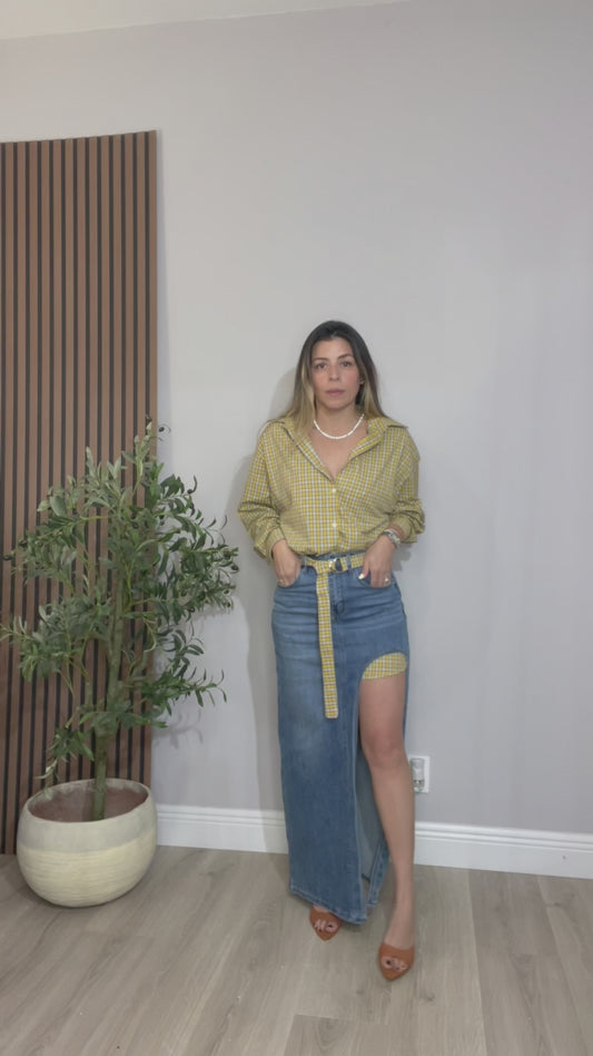 Two-Piece Set: Plaid Shirt & Denim Wrap Skirt - 33436